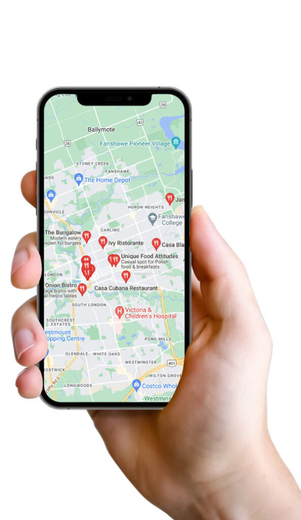 Hand holding iphone showing Google Maps of London Ontario.